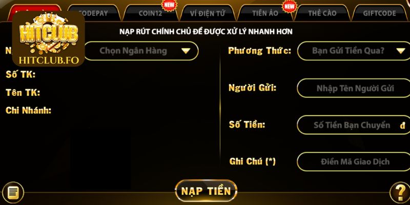 Hướng dẫn các bước nạp tiền HITCLUB